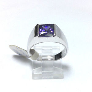 Amethyst Ring Faceted CZ Silver Rhodium Plated